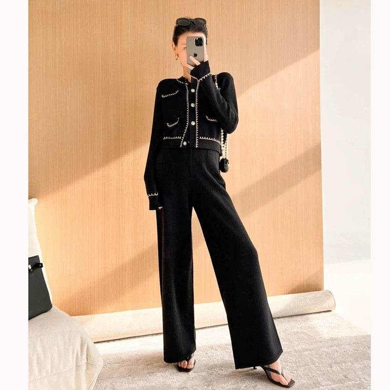 Xiaoxiangfeng knitted casual fashion sports suit for women, autumn clothing, age-reducing temperament, socialite wide-leg pants two-piece set, western style