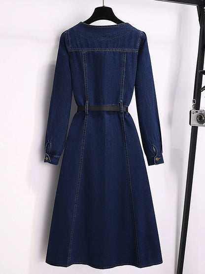 Square collar denim dress for women spring and autumn 2024 new early spring high-end temperament waist slimming long dress