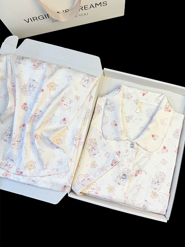 Summer new style ice silk pajamas for women with cute cat prints, sweet doll collar, short-sleeved trousers, home clothes suit