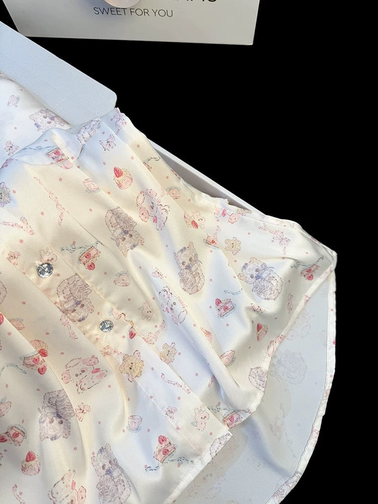 Summer new style ice silk pajamas for women with cute cat prints, sweet doll collar, short-sleeved trousers, home clothes suit