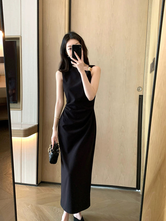 FT GUOGE Women's Black Dress 2026 Summer New Style Elegant Slimming Asymmetrical Neck Sleeveless Little Black Dress