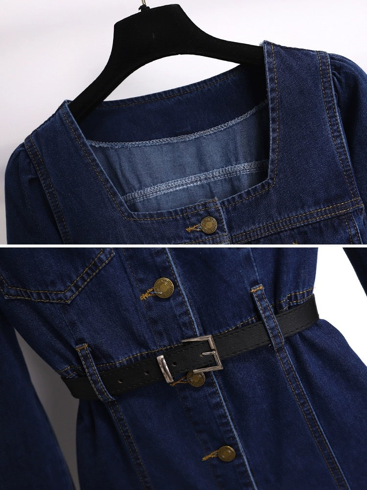 Square collar denim dress for women spring and autumn 2024 new early spring high-end temperament waist slimming long dress