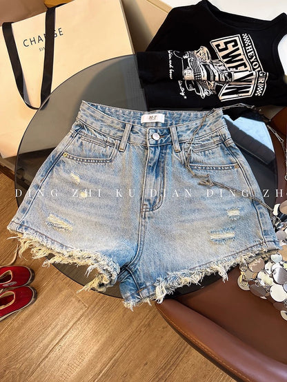 Women's Summer Denim Shorts: Frayed, Distressed, Slim-Fit, Versatile, Trendy "Hot Pants" Style