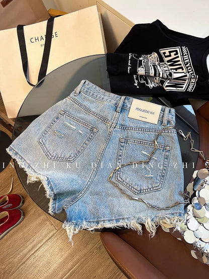 Women's Summer Denim Shorts: Frayed, Distressed, Slim-Fit, Versatile, Trendy "Hot Pants" Style