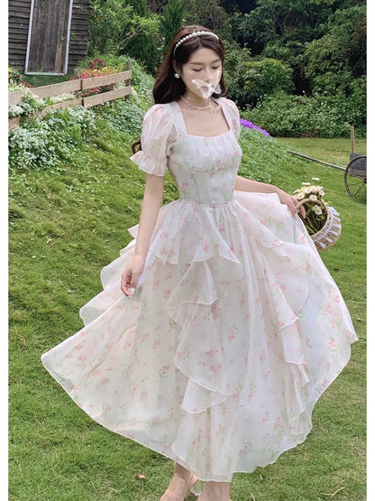 Prince Tang's fugitive princess French pink floral dress ruffled elegant and beautiful birthday dress long skirt