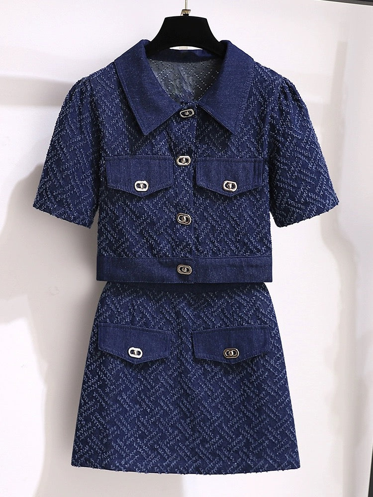 Small fragrant style denim suit skirt for women summer 2024 new style for small people to wear a complete set of temperament short skirt two-piece set