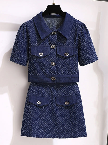 Small fragrant style denim suit skirt for women summer 2024 new style for small people to wear a complete set of temperament short skirt two-piece set