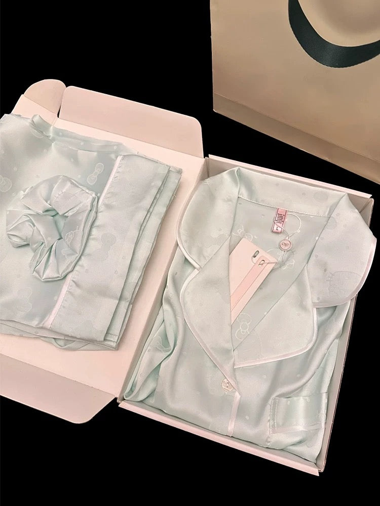 Xiaohongshu recommends cute polka dot bow KT ice silk pajamas for women in spring and summer with hair band home clothes suit