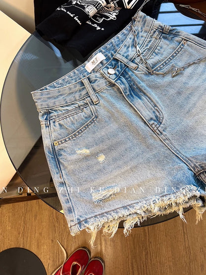 Women's Summer Denim Shorts: Frayed, Distressed, Slim-Fit, Versatile, Trendy "Hot Pants" Style