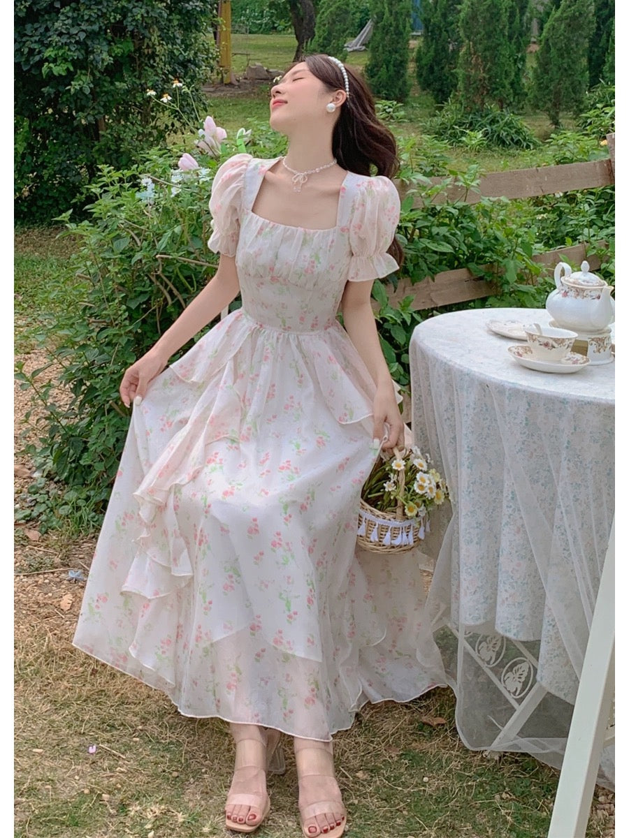 Prince Tang's fugitive princess French pink floral dress ruffled elegant and beautiful birthday dress long skirt