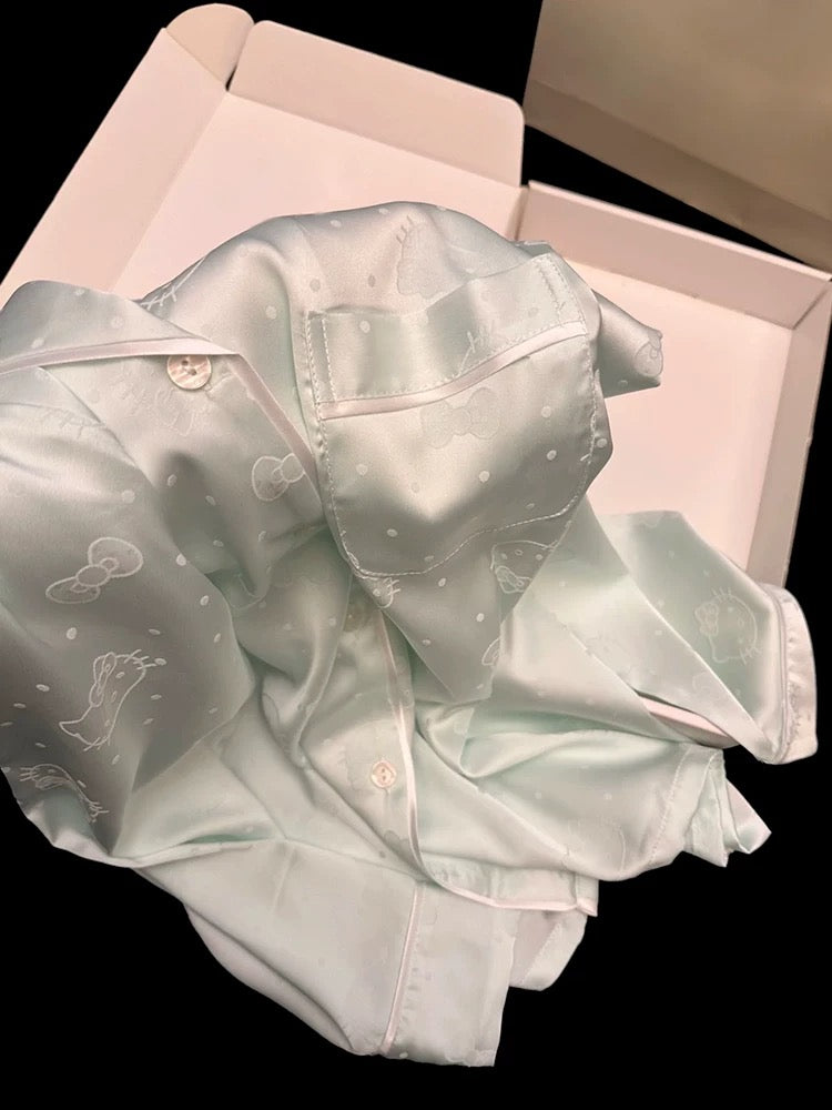 Xiaohongshu recommends cute polka dot bow KT ice silk pajamas for women in spring and summer with hair band home clothes suit