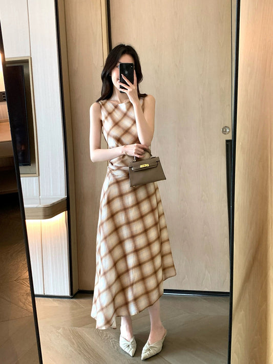 FT GUOGE Women's Plaid Dress 2026 Summer New Style Elegant French Retro Fitted Waist Vest Dress