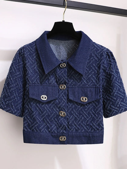 Small fragrant style denim suit skirt for women summer 2024 new style for small people to wear a complete set of temperament short skirt two-piece set