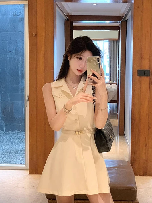 French style high-end sleeveless shirt dress for women, waist-hugging vest, A-line short skirt, beautiful in summer