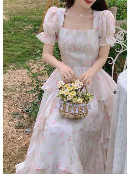 Prince Tang's fugitive princess French pink floral dress ruffled elegant and beautiful birthday dress long skirt