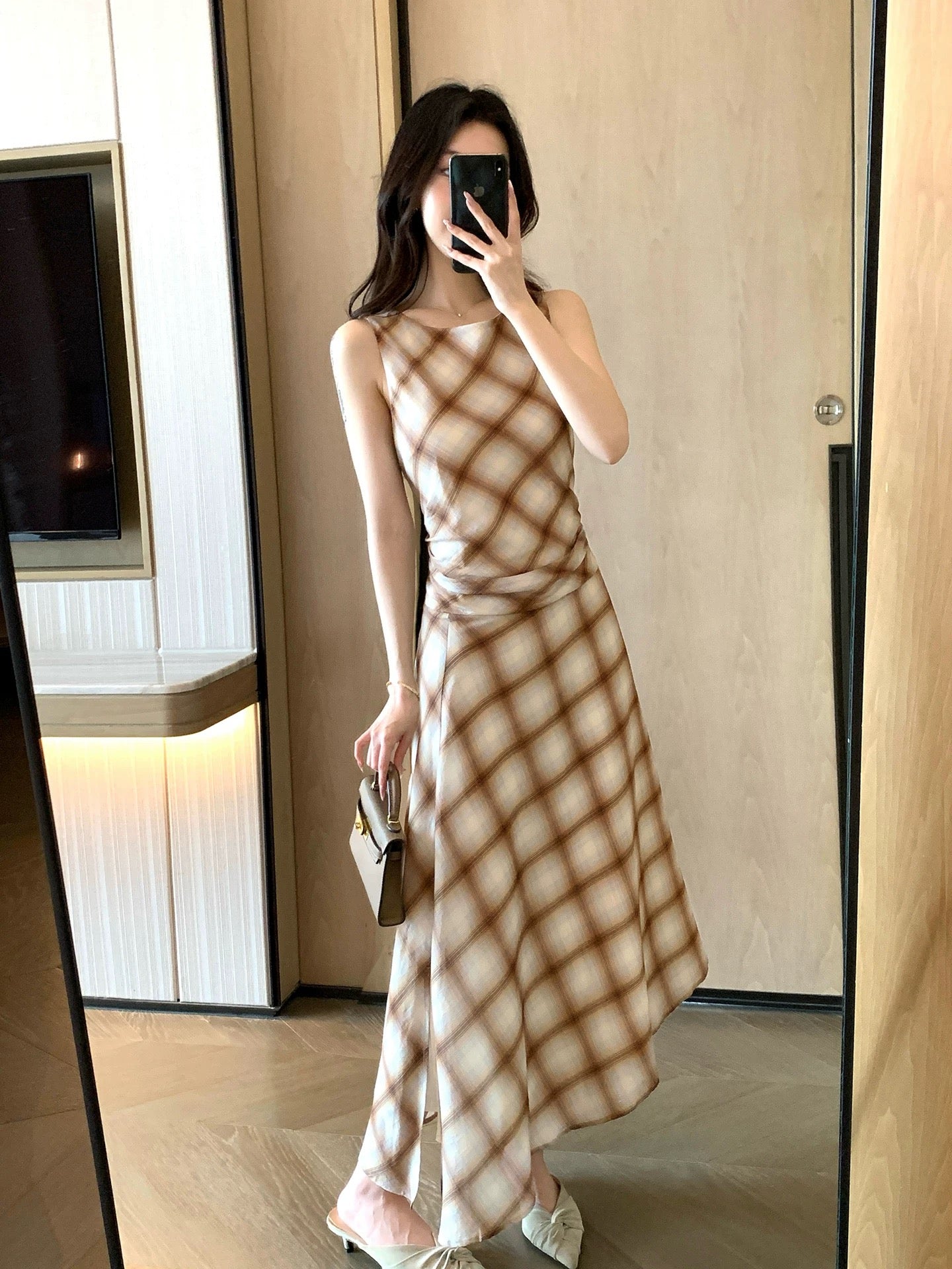 FT GUOGE Women's Plaid Dress 2026 Summer New Style Elegant French Retro Fitted Waist Vest Dress