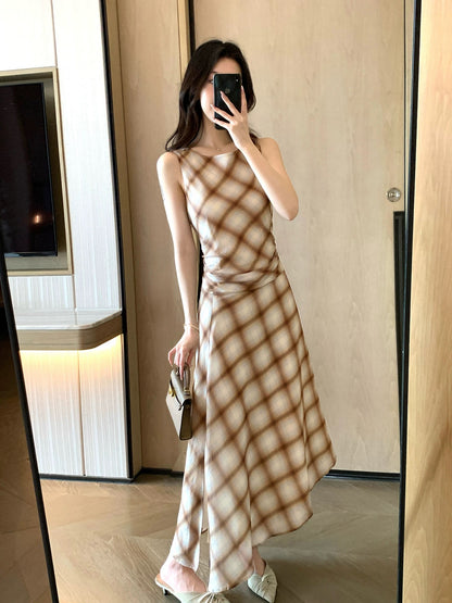 FT GUOGE Women's Plaid Dress 2026 Summer New Style Elegant French Retro Fitted Waist Vest Dress
