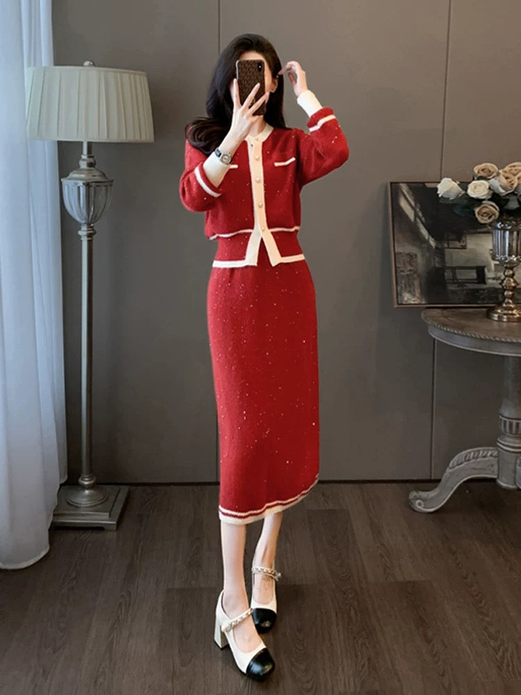 Autumn and winter clothing is paired with a complete set of small fragrant knitted suits and skirts, a fashionable and high-end sweater and skirt two-piece set