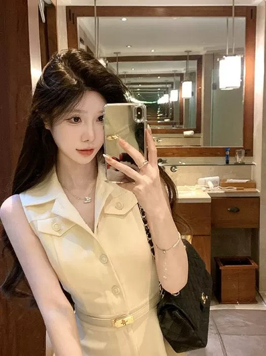 French style high-end sleeveless shirt dress for women, waist-hugging vest, A-line short skirt, beautiful in summer