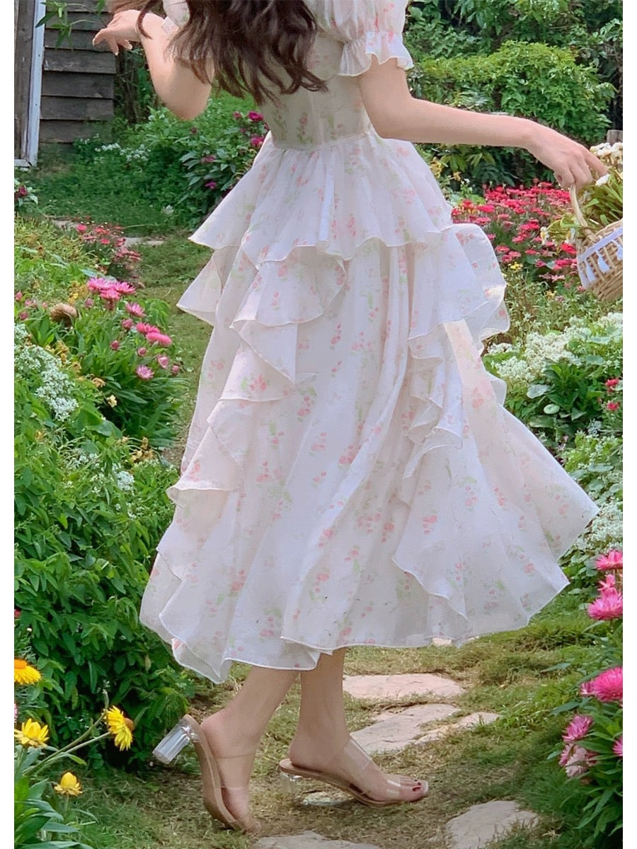Prince Tang's fugitive princess French pink floral dress ruffled elegant and beautiful birthday dress long skirt
