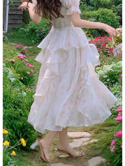 Prince Tang's fugitive princess French pink floral dress ruffled elegant and beautiful birthday dress long skirt