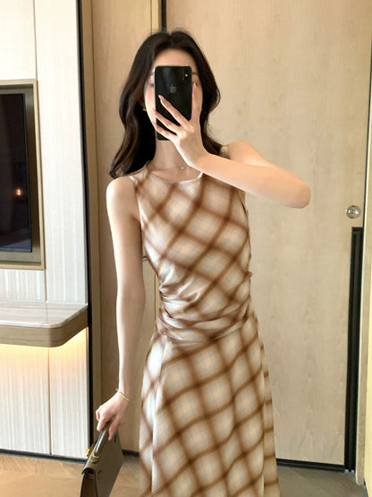 FT GUOGE Women's Plaid Dress 2026 Summer New Style Elegant French Retro Fitted Waist Vest Dress