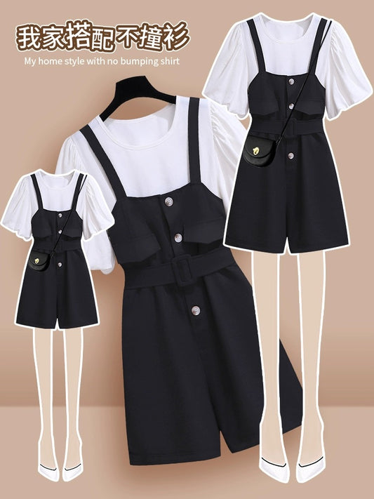 Overalls suit for women in summer 2024 new style for small people, a complete set of tall, fashionable and stylish shorts, two pieces