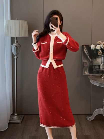 Autumn and winter clothing is paired with a complete set of small fragrant knitted suits and skirts, a fashionable and high-end sweater and skirt two-piece set