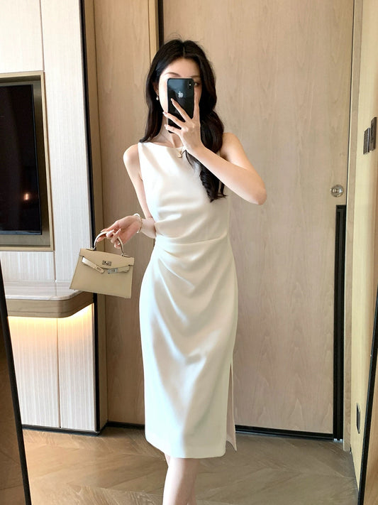FT GUOGE Women's White Dress, 2026 Summer New Arrival, French Style, Slimming, Sleeveless Suspender Dress