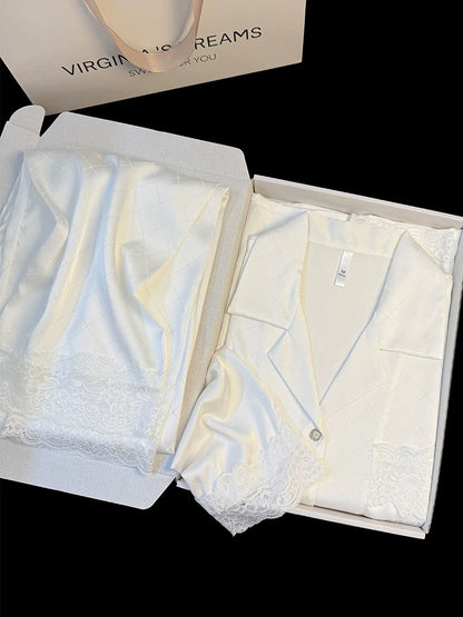 High-grade hot diamond diamond lace ice silk pajamas spring and summer long-sleeved thin simple casual home clothes suit
