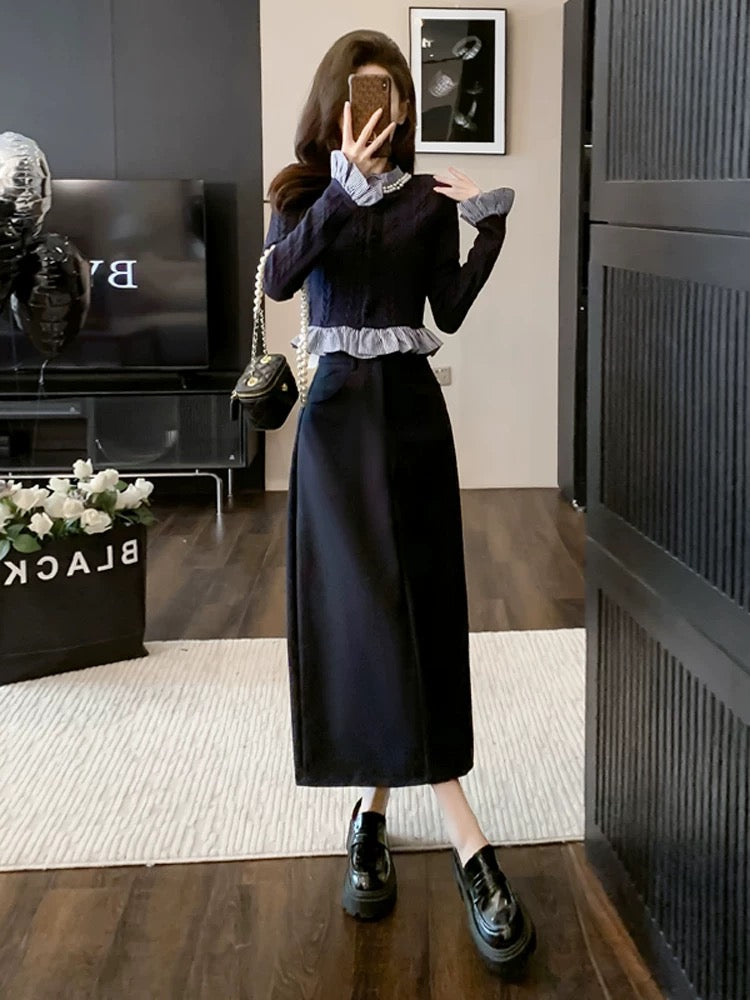 Autumn wear a complete set of fashionable Korean high-end casual knitted tops and skirts two-piece suits for women