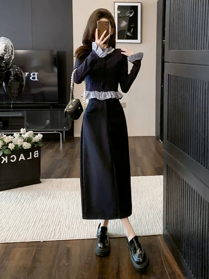 Autumn wear a complete set of fashionable Korean high-end casual knitted tops and skirts two-piece suits for women