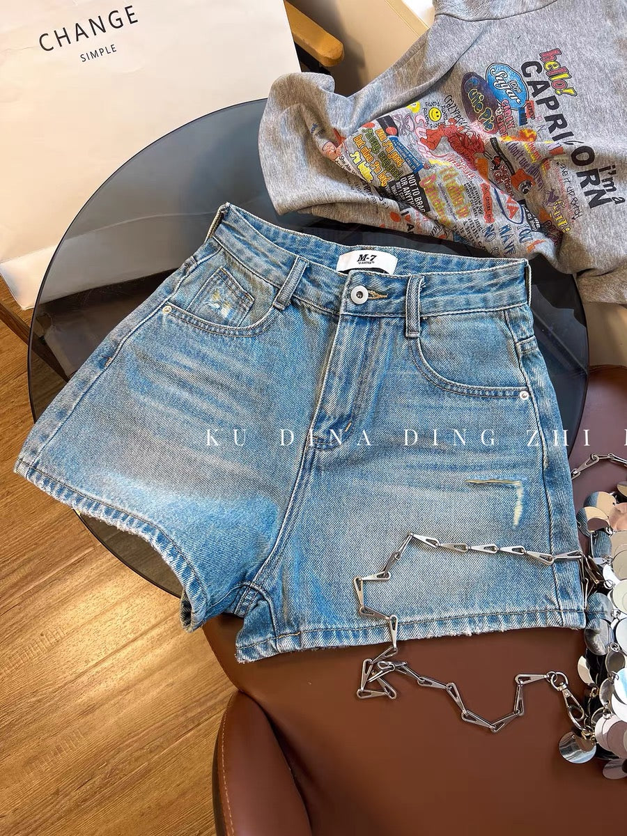 Women's Summer Distressed Denim Shorts – Loose, High-Waisted, European-Style "Hot Pants" – Trendy A-Line Wide-Leg Fit
