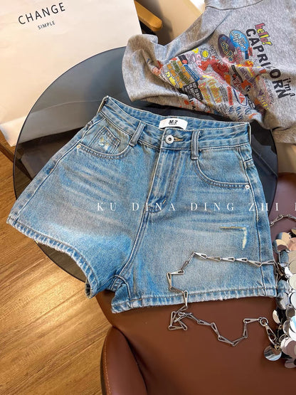 Women's Summer Distressed Denim Shorts – Loose, High-Waisted, European-Style "Hot Pants" – Trendy A-Line Wide-Leg Fit