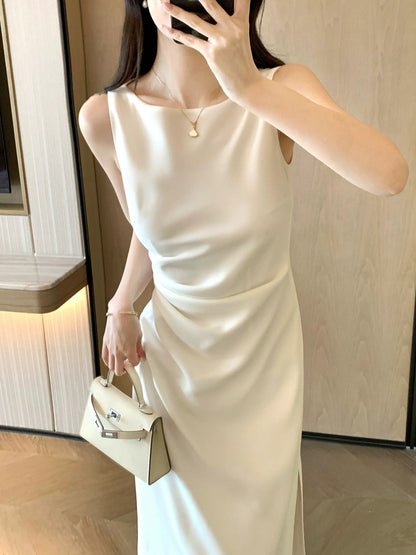 FT GUOGE Women's White Dress, 2026 Summer New Arrival, French Style, Slimming, Sleeveless Suspender Dress