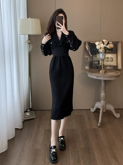 Black French unique dress for women in autumn and winter, slim waist, slimming temperament, super good-looking v-neck plus velvet skirt