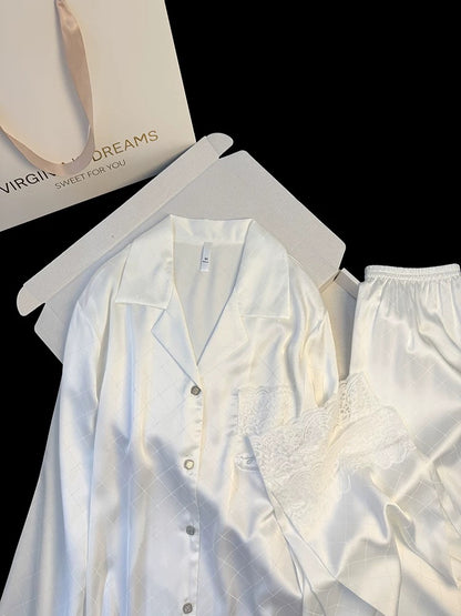 High-grade hot diamond diamond lace ice silk pajamas spring and summer long-sleeved thin simple casual home clothes suit