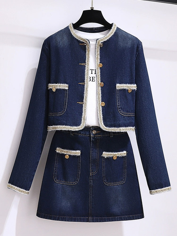 Small fragrant style denim suit for women early spring 2024 new popular style small temperament high-end skirt two-piece set