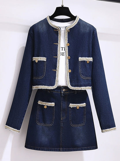 Small fragrant style denim suit for women early spring 2024 new popular style small temperament high-end skirt two-piece set