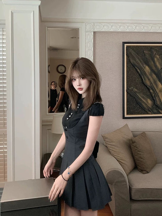 French pure desire hot girl shirt top vest dress suit female design waist pleated skirt summer