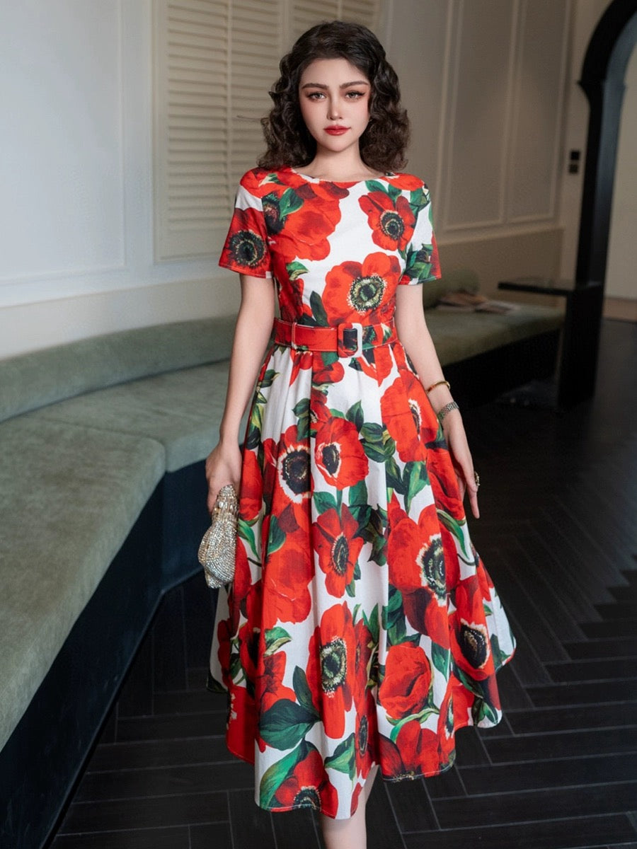 2024 summer retro French romantic printed flower skirt mid-length temperament age-reducing dress western style flower skirt