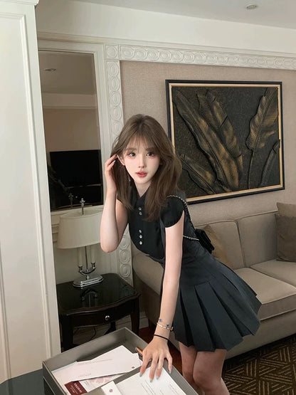 French pure desire hot girl shirt top vest dress suit female design waist pleated skirt summer