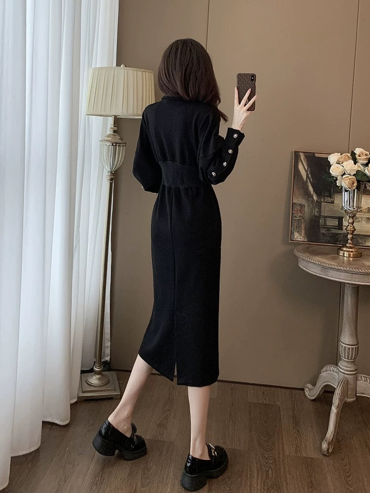 Black French unique dress for women in autumn and winter, slim waist, slimming temperament, super good-looking v-neck plus velvet skirt