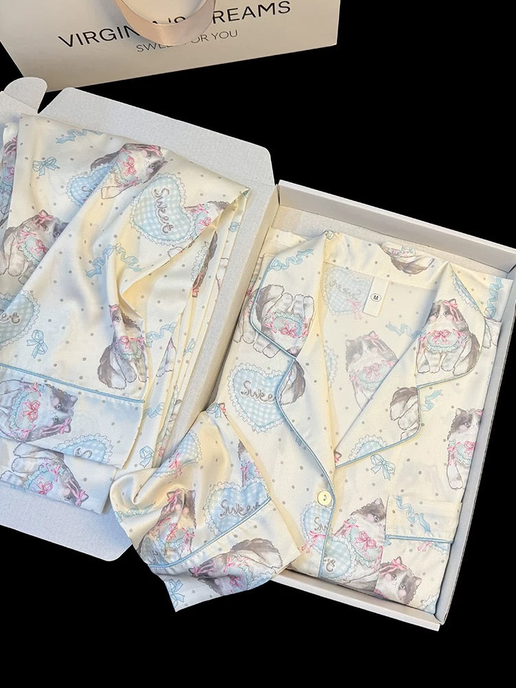 Ragdoll Blue Cat High-grade Ice Silk Women's Pajamas Spring and Summer Cute Cartoon Print Thin Long-sleeved Home Clothes Set