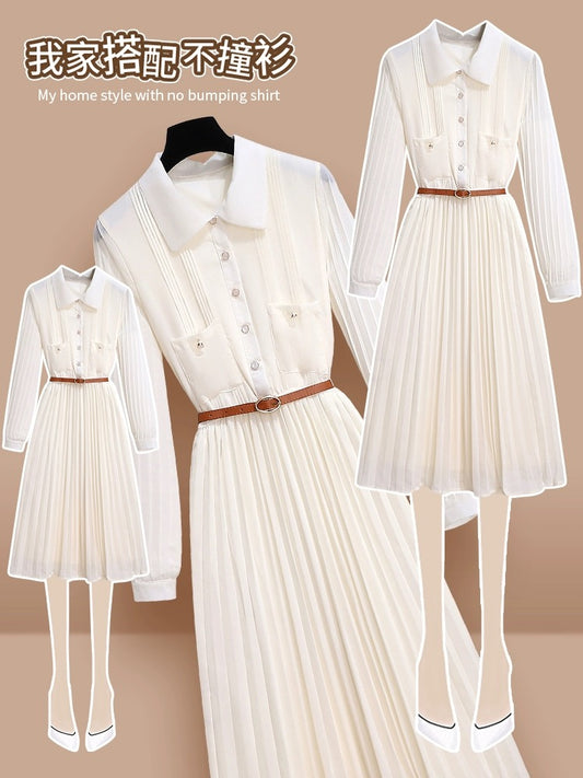 Tea break French long-sleeved dress early spring women's clothing 2024 new style waist slimming gentle temperament shirt long skirt