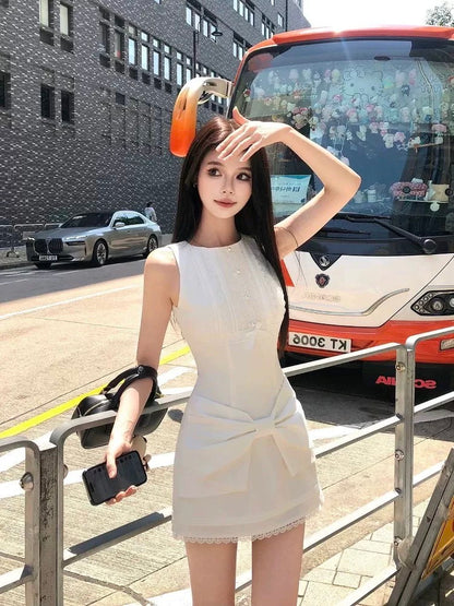 French pure desire high-end bow sleeveless dress women's design niche waist slim short skirt summer
