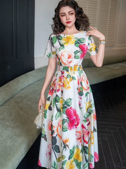 2024 summer retro French romantic printed flower skirt mid-length temperament age-reducing dress western style flower skirt