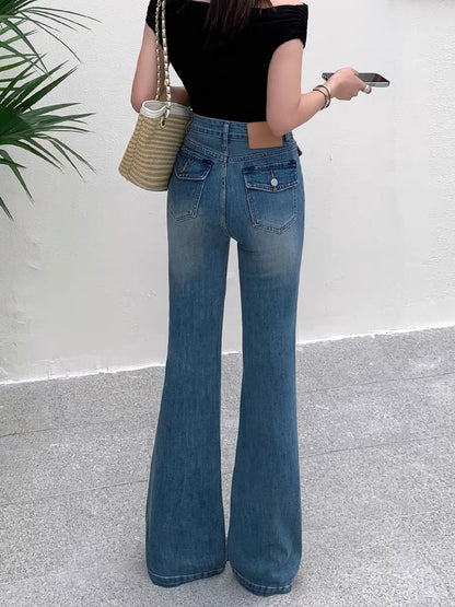 Women's Non-Clinging Slight-Bootcut Jeans (New Summer 2026 Lightweight Style): High-Waisted, Floor-Length Flared Jeans Featuring Flap-Pocket Details.