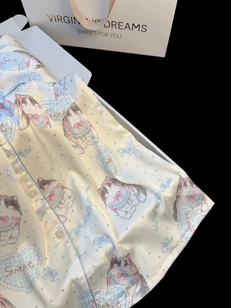 Ragdoll Blue Cat High-grade Ice Silk Women's Pajamas Spring and Summer Cute Cartoon Print Thin Long-sleeved Home Clothes Set