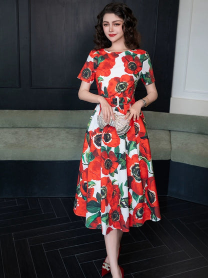 2024 summer retro French romantic printed flower skirt mid-length temperament age-reducing dress western style flower skirt